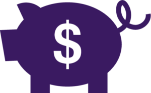 Icon consisting of a purple piggy bank with a white dollar sign.