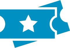 an icon representing Art-Reach's ticketing program, consisting of two blue ticket stubs with a white star on them.