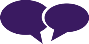 an icon representing communication, consisting of two purple speech bubbles.