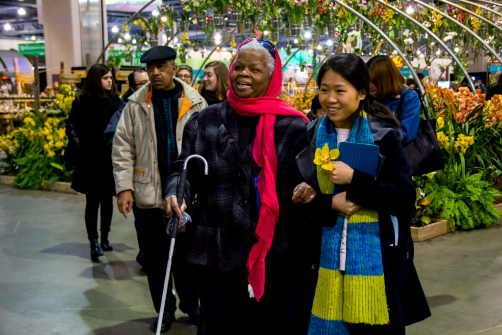 A member of Associated Services or the Blind walks arm in arm with Art-Reach staff member Angela Wang at Art-Reach's 2017 Audio-described tour of the Philadelphia Flower Show. Behind them, an arch full of colourful orchids, as well as other tour attendees.