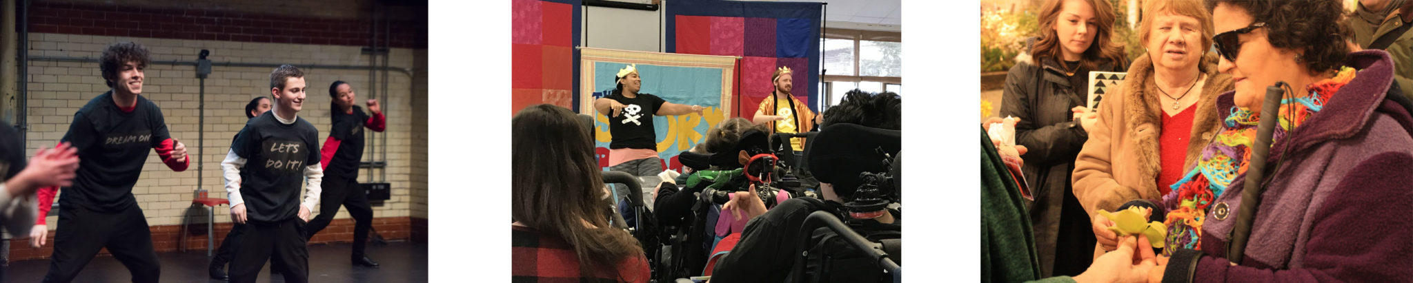 Left Photo: Justin from Overbrook School for the blind performing with tap partner from PA Ballet. Middle Photo: PHS with Story Pirates. Right Photo: Associated services for the blind during Adapted Philadelphia Flower Show tour 