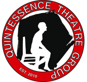 Quintessence Theatre Group Logo: Red circular banner reads Quintessence Theatre Group, EST. 2010. Within circle is a rustic black pentagon with a white silhouette of a seated figure in a chair.