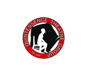Quintessence Theatre Group Logo: Red circular banner reads Quintessence Theatre Group, EST. 2010. Within circle is a rustic black pentagon with a white silhouette of a seated figure in a chair.