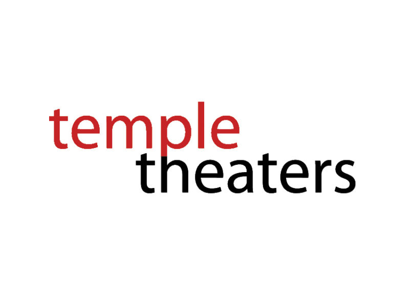Temple Theater Logo: Stacked logo with temple in maroon font, and theaters in black
