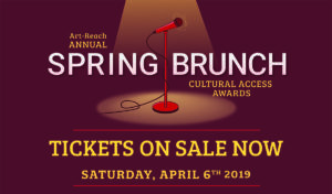 Save the date logo: maroon background with a red microphone cloaked in a gold circular spotlight in center of logo. text Reads Art-Reach Annual Spring Brunch & Cultural Access Awards. Tickets on Sale Saturday April 6th 2019, Art-Reach