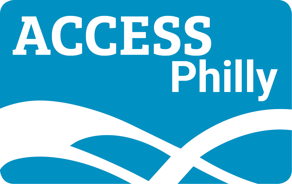 Blue card with white swoop on bottom. text Reads ACCESS Philly