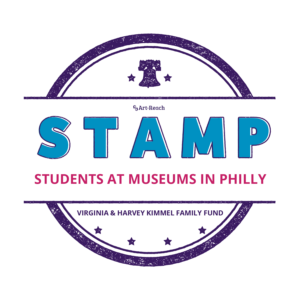 Logo Art-Reach STAMP Students at Museums in Philadelphia. Virginia and Harvey Kimmel Family Fund. Purple Arch stamped around logo with stars and liberty bell