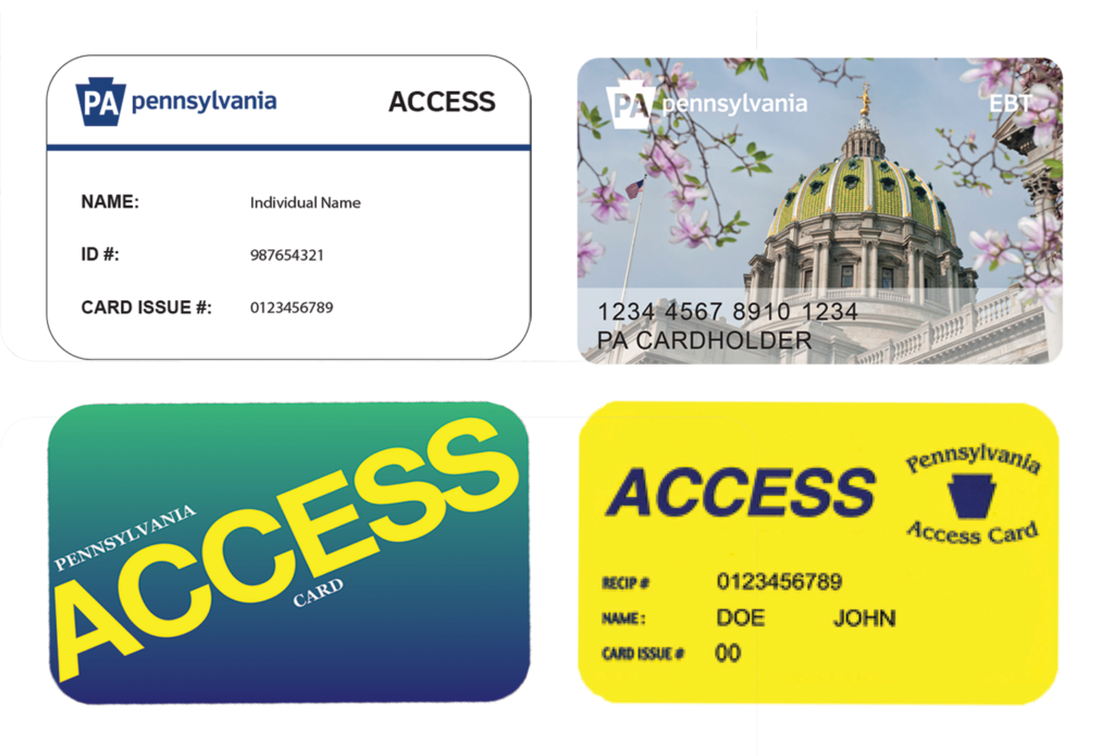 Pennsylvania ACCESS and EBT Cards fanned: Cherry Blossom Design, Blue Green Gradient, Yellow Medical Card, and White ACCESS card