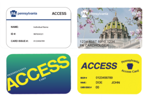 Pennsylvania ACCESS and EBT Cards fanned: Cherry Blossom Design, Blue Green Gradient, Yellow Medical Card, and White ACCESS card