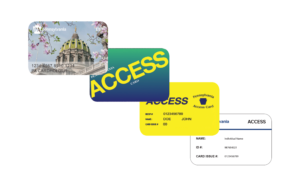 Pennsylvania ACCESS and EBT Cards fanned: Cherry Blossom Design, Blue Green Gradient, Yellow Medical Card, and White ACCESS card