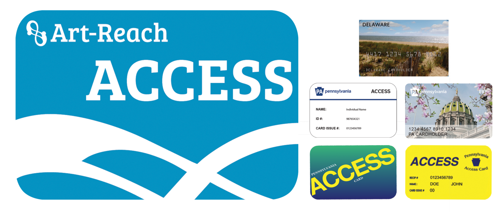 ACCESS Cards: Blue Art-Reach Card, Delaware EBT card, 4 PA ACCESS EBT Cards