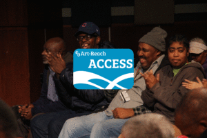 Blue & White ACCESS card with audience clapping in background