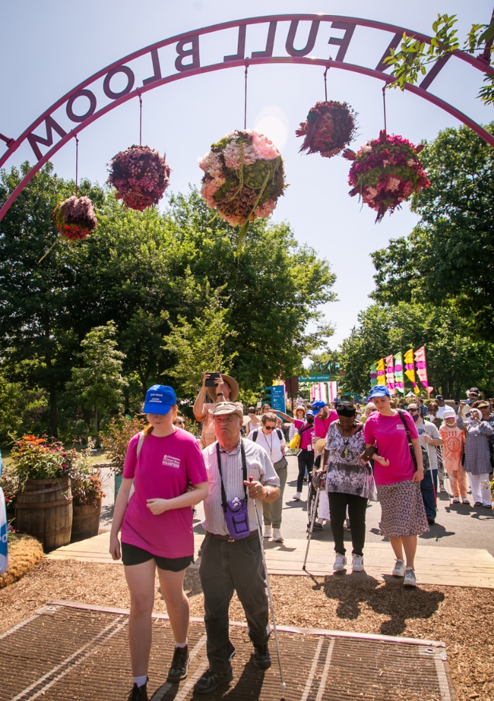 a group of blind and low vision visitors and art-reach volunteers walking through an outdoor garden show